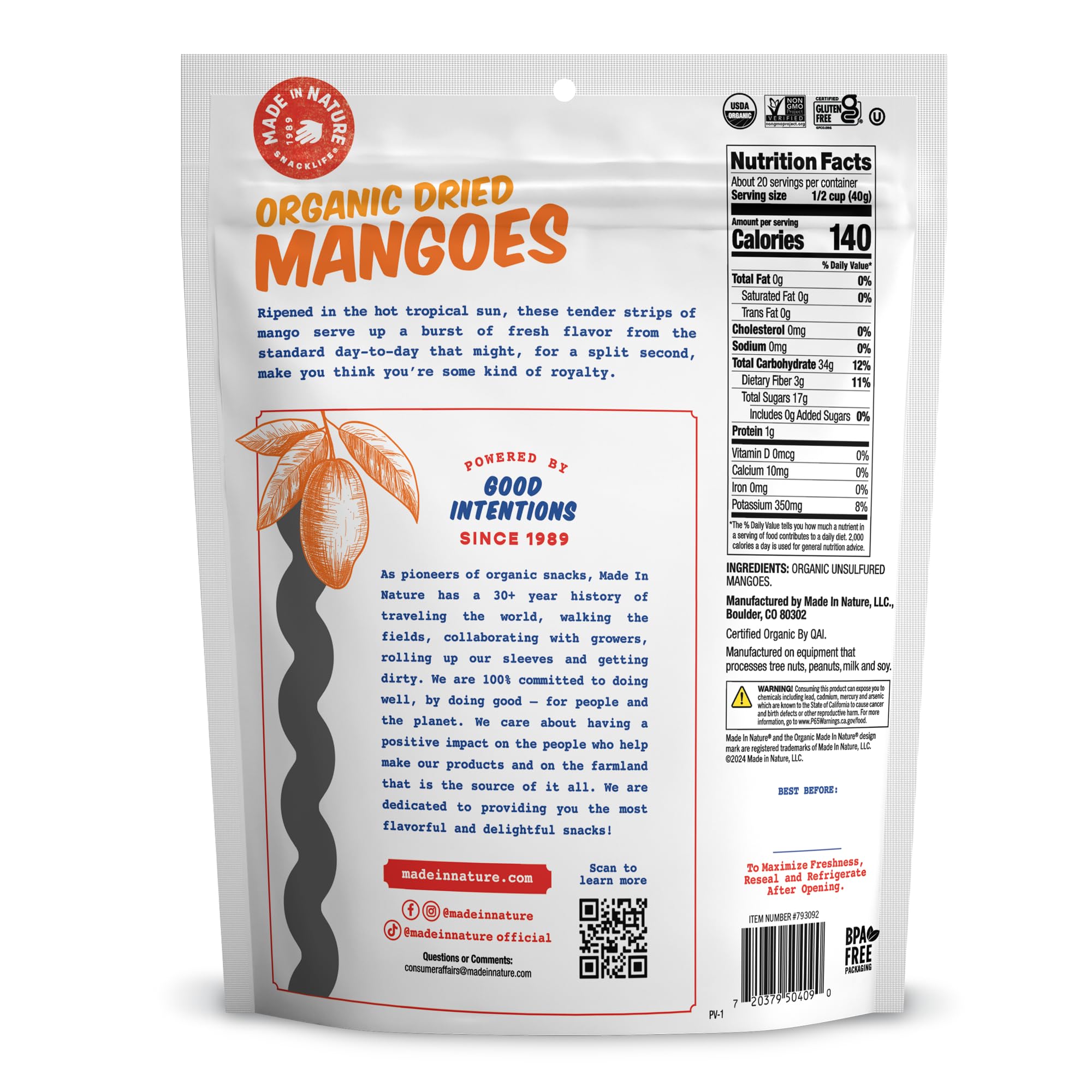 Quality Made in Nature Organic Dried Fruit, Mangoes – Non-GMO, Unsulfured Vegan Snack