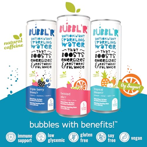Quality BUBBL'R Antioxidant Sparkling Water with Natural Caffeine, Zero Sugar, Natural Flavor and No Artificial Sweeteners