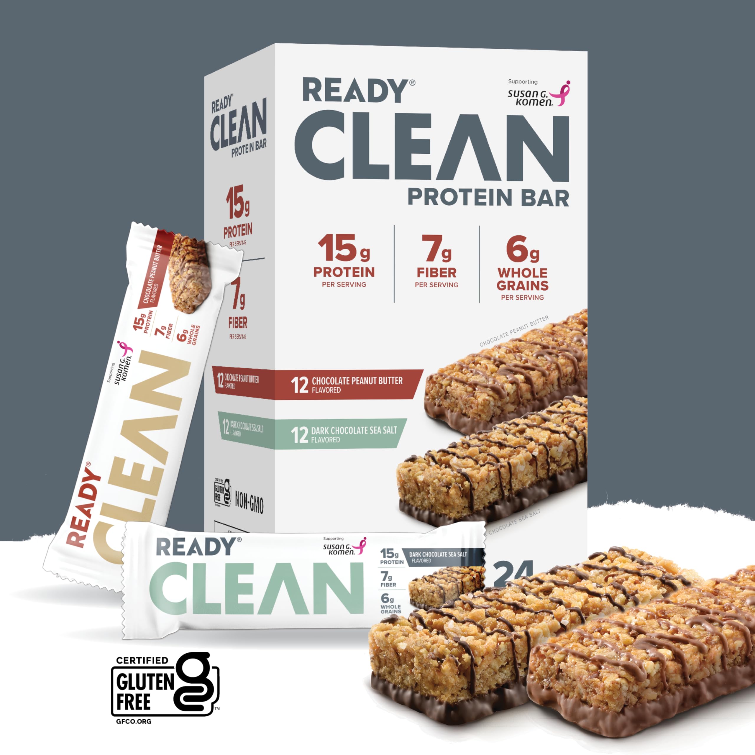 Quality Ready Nutrition CLEAN Bar, 15g Protein for Lean Muscle Mass, 7g Fiber for Satiety, Great for Muscle Building, Muscle Recovery and Weight Loss - Variety Pack (Pack of 24)