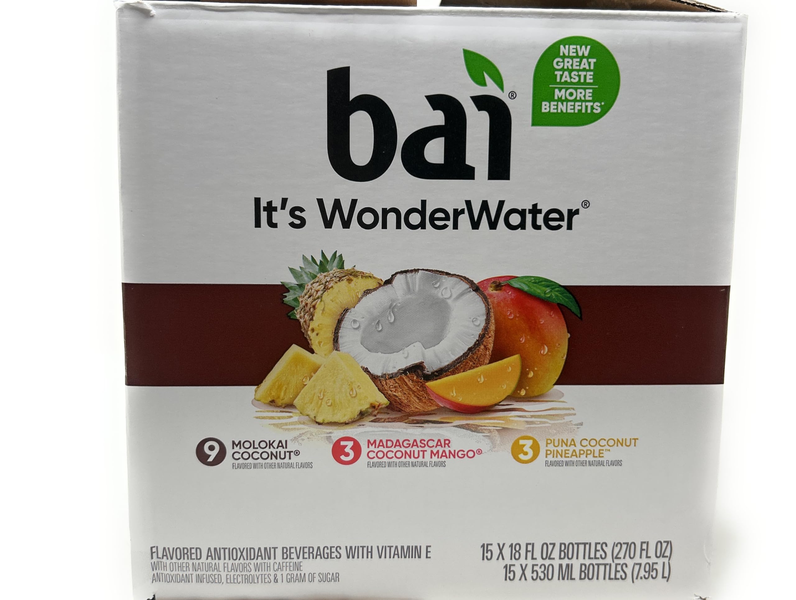Premium Bai WonderWater Coconut Variety Pack, 18oz bottles - pack of 15 (Molokai Coconut, Madagascar Coconut Mango, Puna Coconut Pineapple)