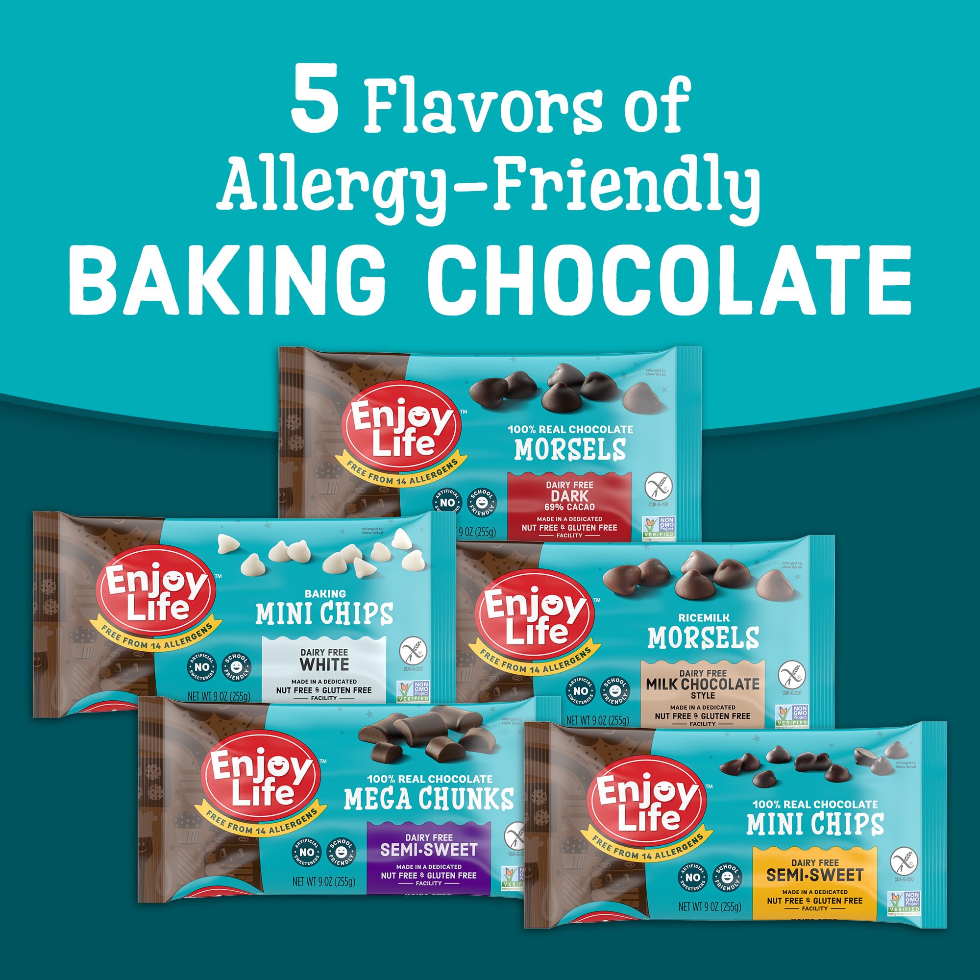 Quality Enjoy Life Baking Dark Chocolate Morsels, Dairy Free Chocolate Chips, Soy Free, Nut Free, Non GMO, Gluten Free, Vegan Chocolate Chips, Bulk Chocolate 12 Bags (9 oz)