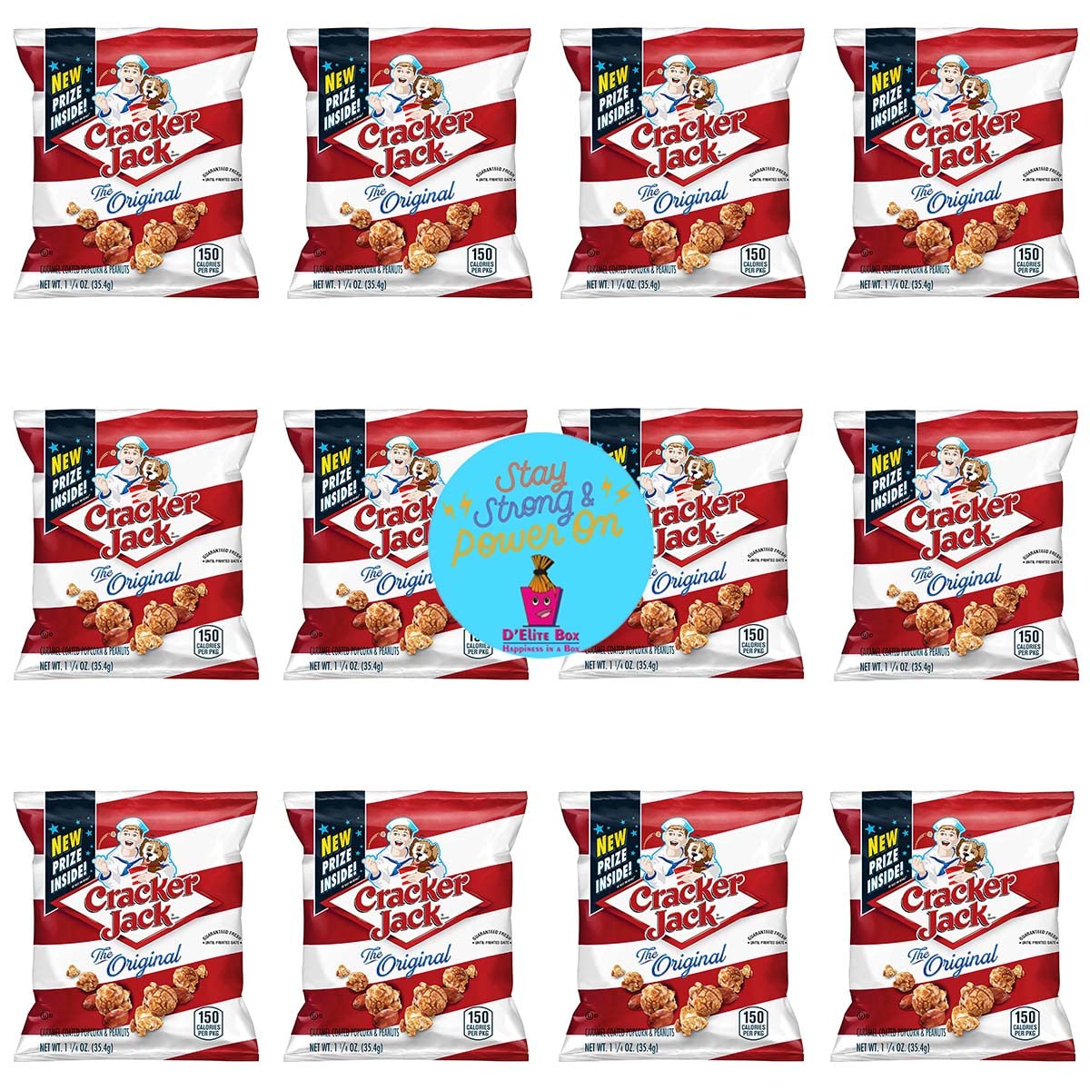 Quality Cracker Jack The Original, 1.25 oz Bags Pack of 12 Caramel Coated Popcorn and Peanuts Snack comes with Bonus Inspirational Magnet by D'Elite Box