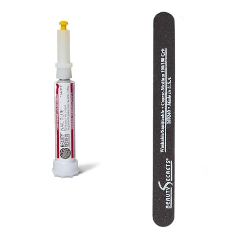 Premium Beauty Secrets Drip & Clog Proof Nail Glue (1 Pack) Bundled with Nail File Black Cushion Medium Coarse 180/100 Grit by Beauty Secrets