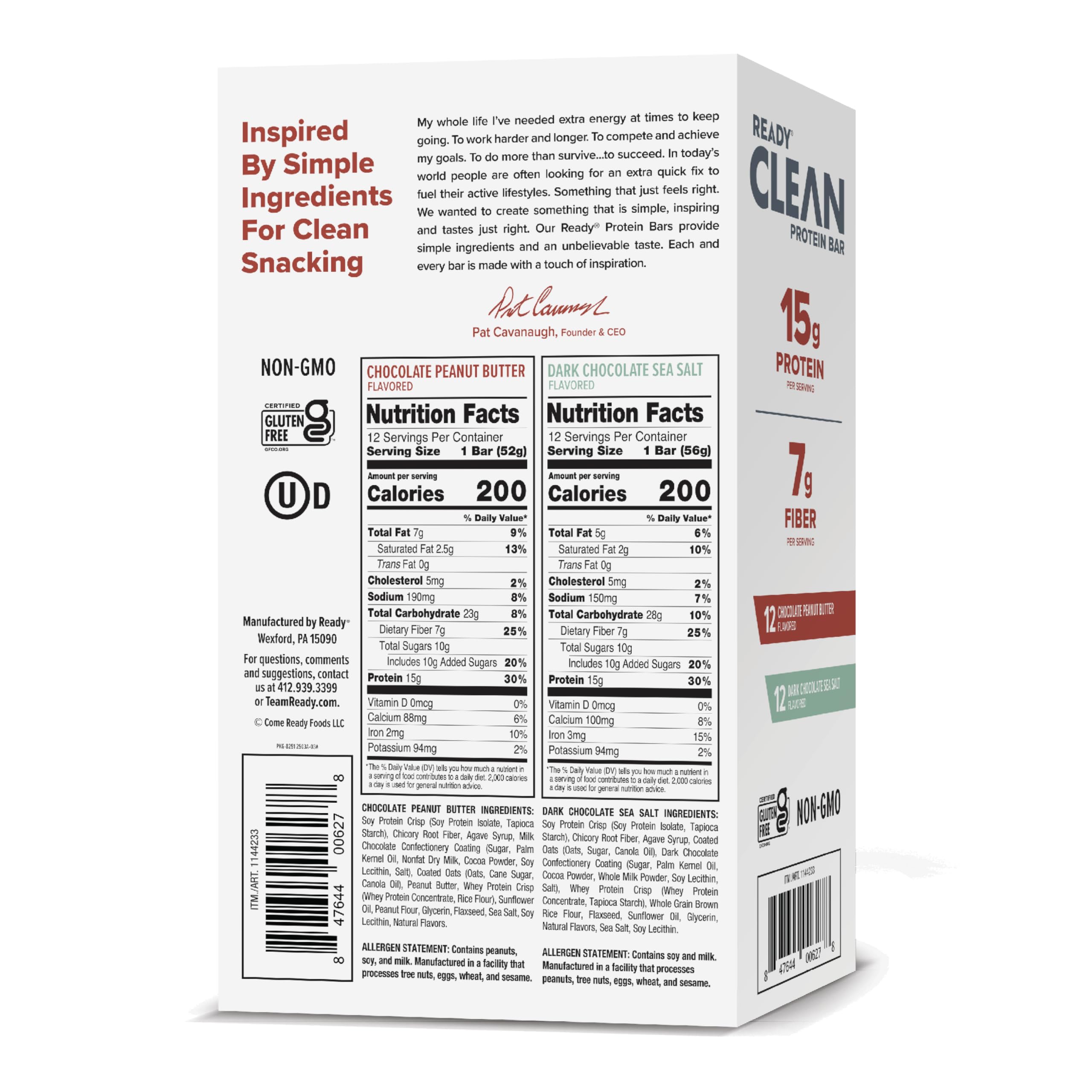 Quality Ready Nutrition CLEAN Bar, 15g Protein for Lean Muscle Mass, 7g Fiber for Satiety, Great for Muscle Building, Muscle Recovery and Weight Loss - Variety Pack (Pack of 24)