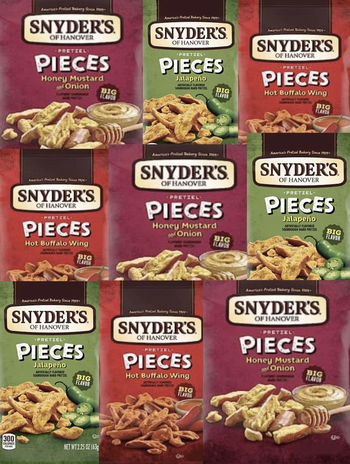 Quality Snyder's Pretzels: 3 Variety 9 Pack: 3 Honey Mustard - 3 Buffalo Wings - 3 Jalapeño Pretzels - 2.25 Ounce - 9 Bag Set