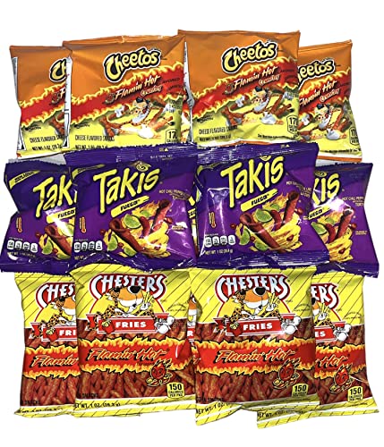 Premium Hot Chips Variety Pack - Takis Fuego, Flamin' Hot Cheetos, and Chester's Hot Fries Pack of 12 with a Mystery Item, Perfect Snack with a Surprise