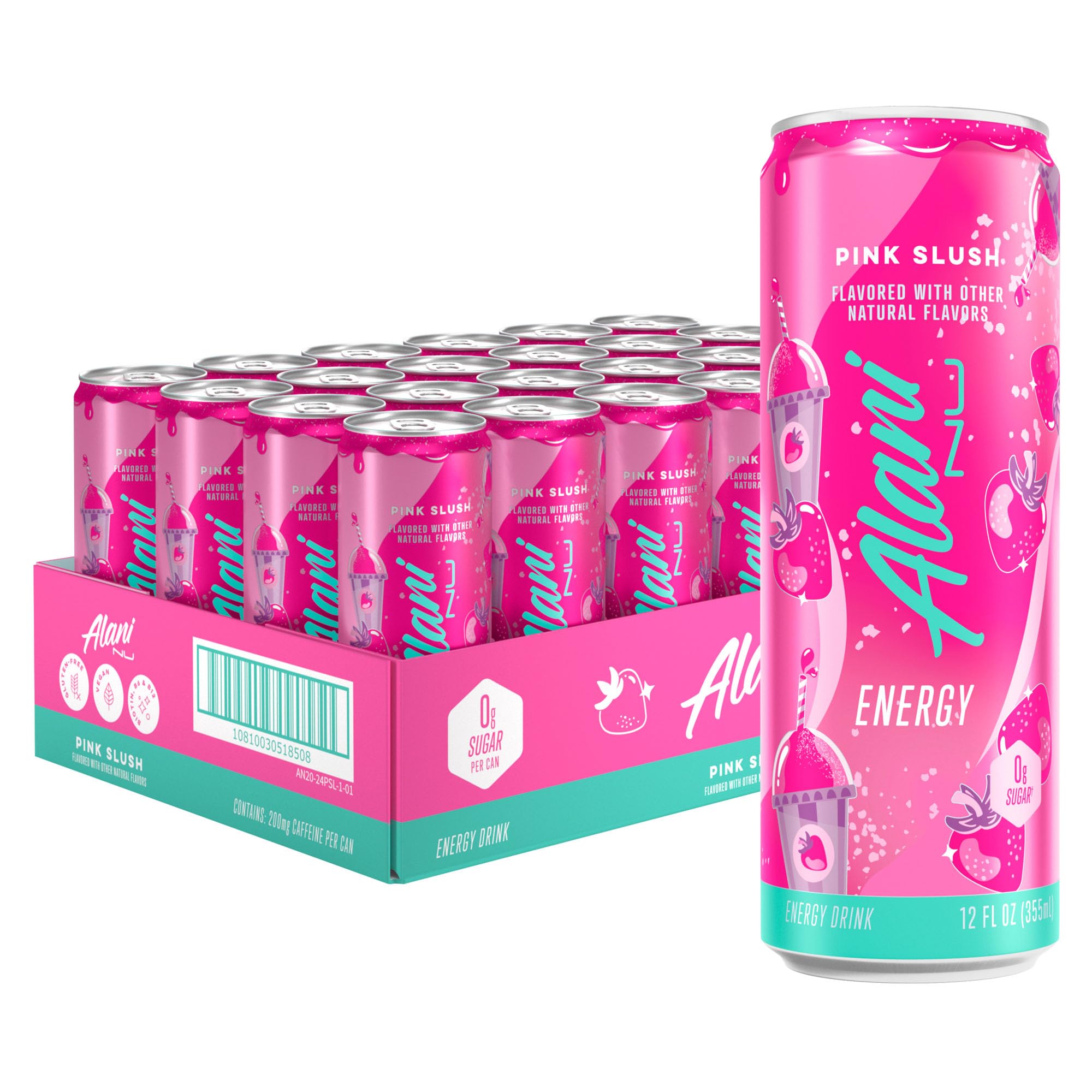 Premium Alani Nu PINK SLUSH Sugar Free, Low Calorie Energy Drinks, 200mg Caffeine, Biotin B Vitamins, Zero Sugar, 10 Calories, 12 Fl Oz Cans, 24 Pack