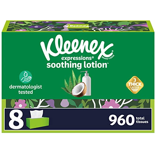Premium Kleenex Lotion Facial Tissues with Coconut Oil, 4 Flat Boxes, 180 Tissues Per Box, 3-Ply
